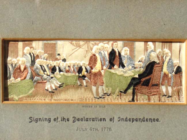 A circa 1876 'Stevensgraph' Silkwork picture of "The Signing of the Declaration of Independence July 4, 1776"